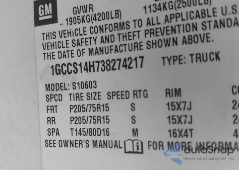 2003 Chevrolet S Truck S10 from USA, damaged, VIN 1GCCS14H738274217